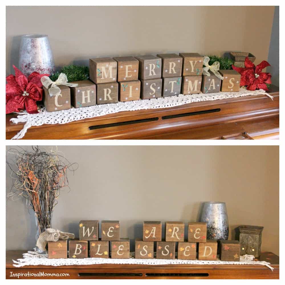 These DIY Reversible Thanksgiving/Christmas Blocks are made from recycled wood and create a warm Thanksgiving and Christmas display for your home.