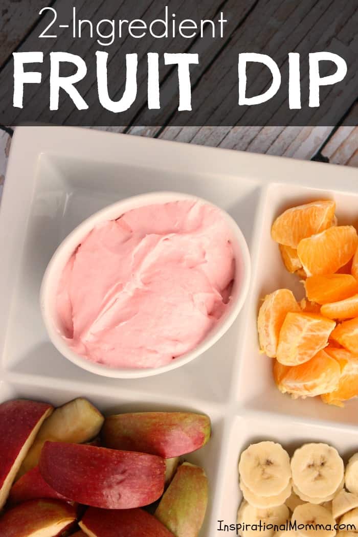 This easy 2-Ingredient Fruit Dip is perfect for parties or an afternoon snack. It is a delicious addition to your favorite fruit...yum! #inspirationalmomma #fruitdip #2ingredients #creamcheese #marshmallowfluff #dessert #recipe