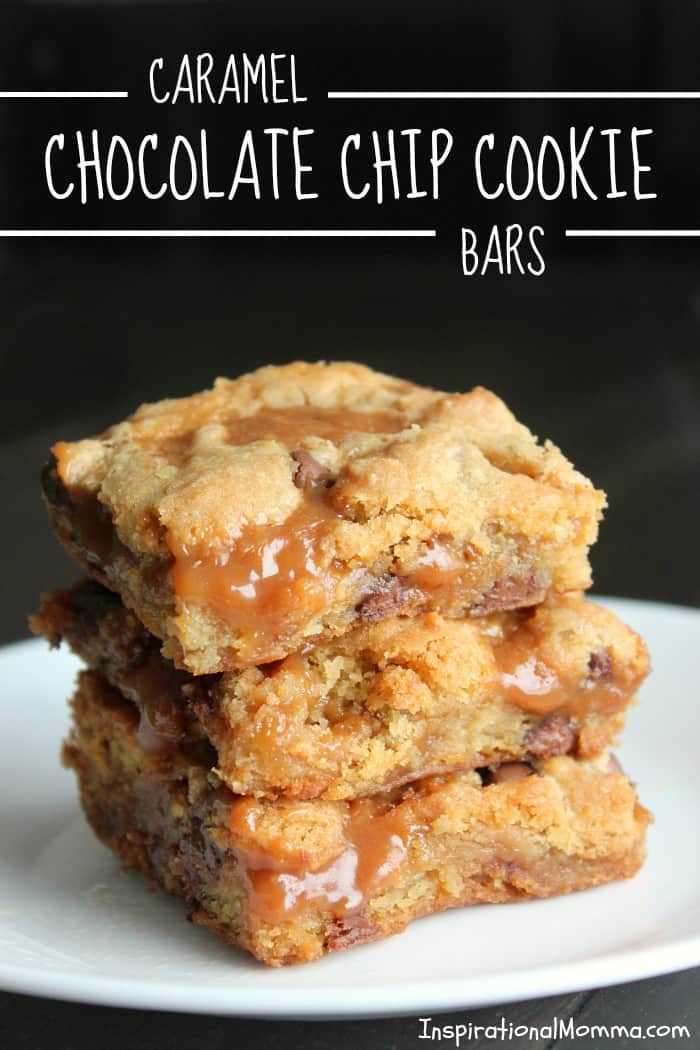 Caramel Chocolate Chip Cookie Bars - A sensational layer of ooey-gooey caramel sandwiched between soft, chewy chocolate chip cookies!
