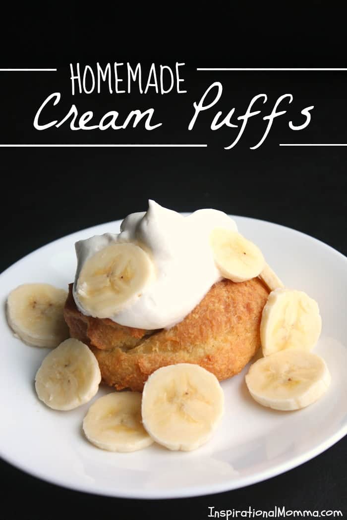 Light and fluffy Homemade Cream Puffs are smothered with homemade whipped cream and topped with sliced bananas. Easy to make and even easier to enjoy!