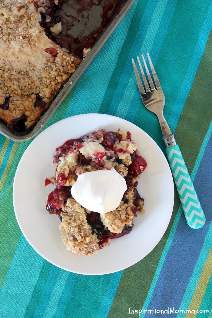 5-Ingredient Cherry Blueberry Dump Cake can be put together in minutes but tastes like it took all day! Simple, sweet, and sensational, you must try it!