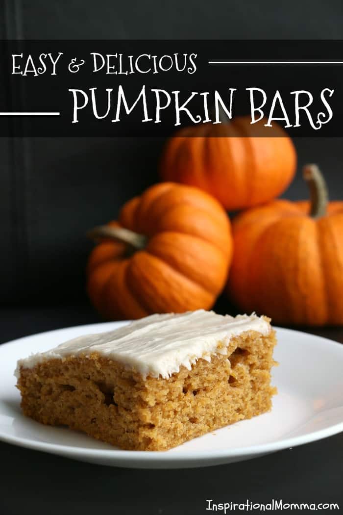 Easy & Delicious Pumpkin Bars are simple to make and even easier to enjoy! Moist bars covered in cream cheese frosting are perfect anytime of the year!