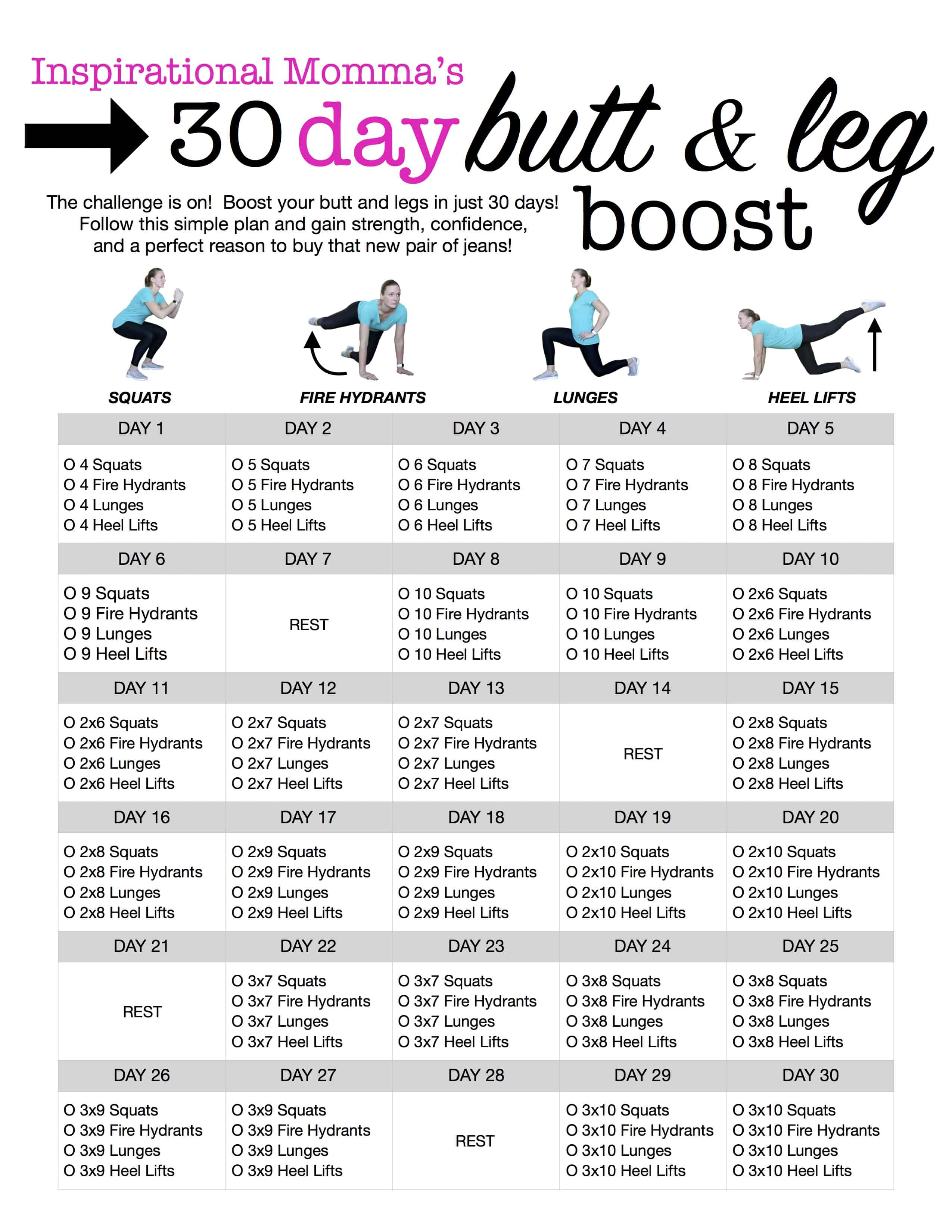 This 30-Day Workout Challenge Butt & Leg Boost is is just what you need to gain strength, confidence, and a perfect reason to buy that new pair of jeans!