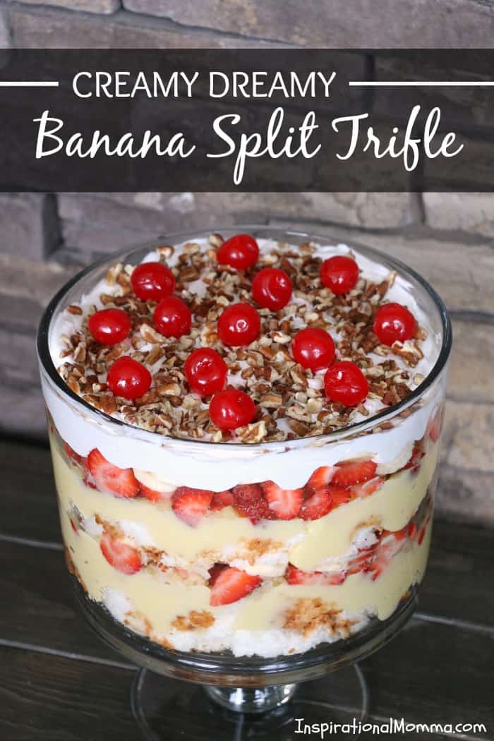 This Creamy Dreamy Banana Split Trifle is filled with layers of fresh fruit, fluffy angel food cake, and creamy pudding! A dessert everyone will love!