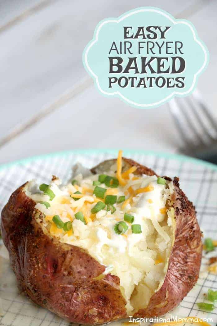 Easy Air Fryer Baked Potatoes are drizzled with olive oil and sensationally seasoned. Cooked to perfection in your Air Fryer, you will make them again and again! #InspirationalMomma #AirFryer #bakedpotatoes #potatoes #baked #quick #easy 
