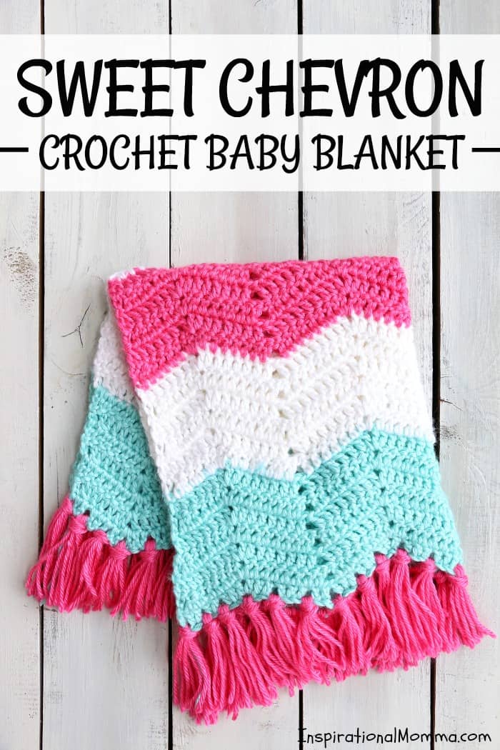 This Sweet Chevron Crochet Baby Blanket Free Pattern will help you create a perfect gift for someone special. Using simple crochet stitches, this pattern is great for beginning crocheters! #InspirationalMomma #CrochetBabyBlanket #BabyBlanket #Crochet #Blanket #FreePattern #Pattern #Handmade #Homemade #DIY