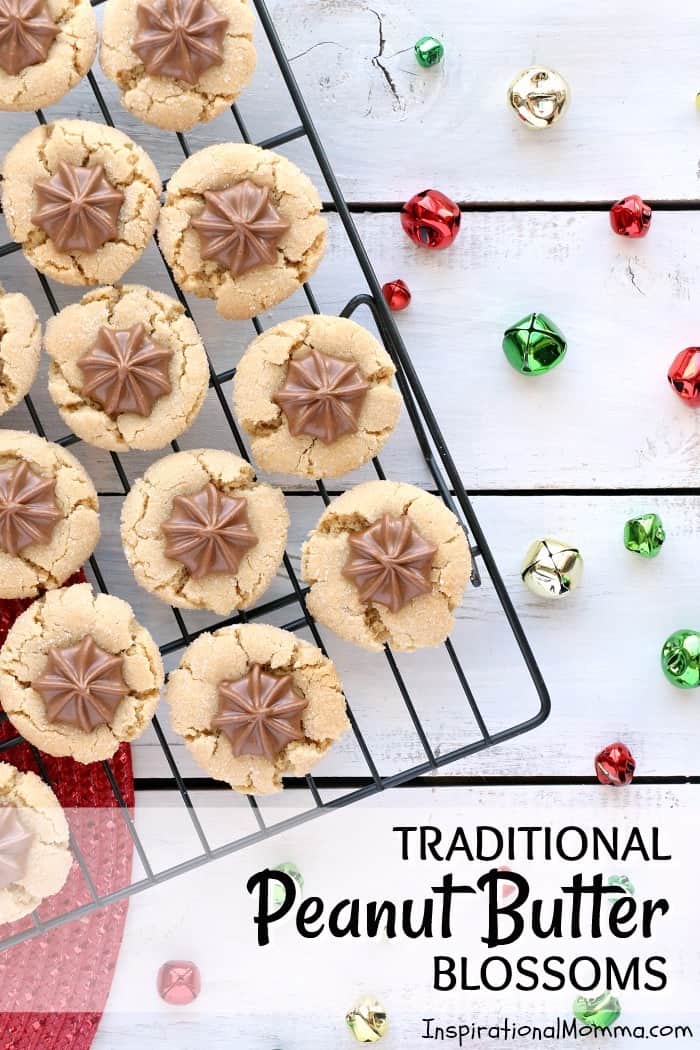 Traditional Peanut Butter Blossoms are soft, chewy, and tasty. They are quick and easy cookies that turn out perfect every time! A classic sweet treat! #InspirationalMomma #PeanutButterBlossoms #PeanutButter #Cookies #Desserts #Christmas #ChristmasCookies