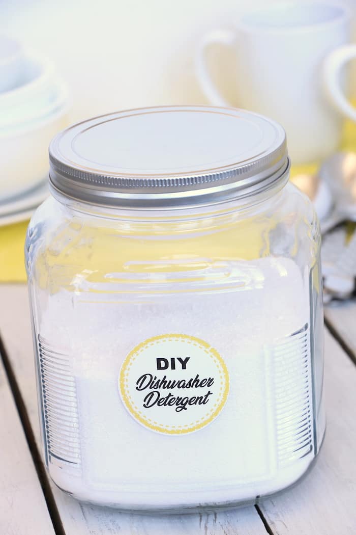 DIY Dishwasher Detergent will leave your dishes sparkly clean while saving you money. Homemade with just 4 ingredients, you will never use store-bought again! #inspirationalmomma #diydishwasherdetergent #dishwasher #detergent #diy #homemade #soap