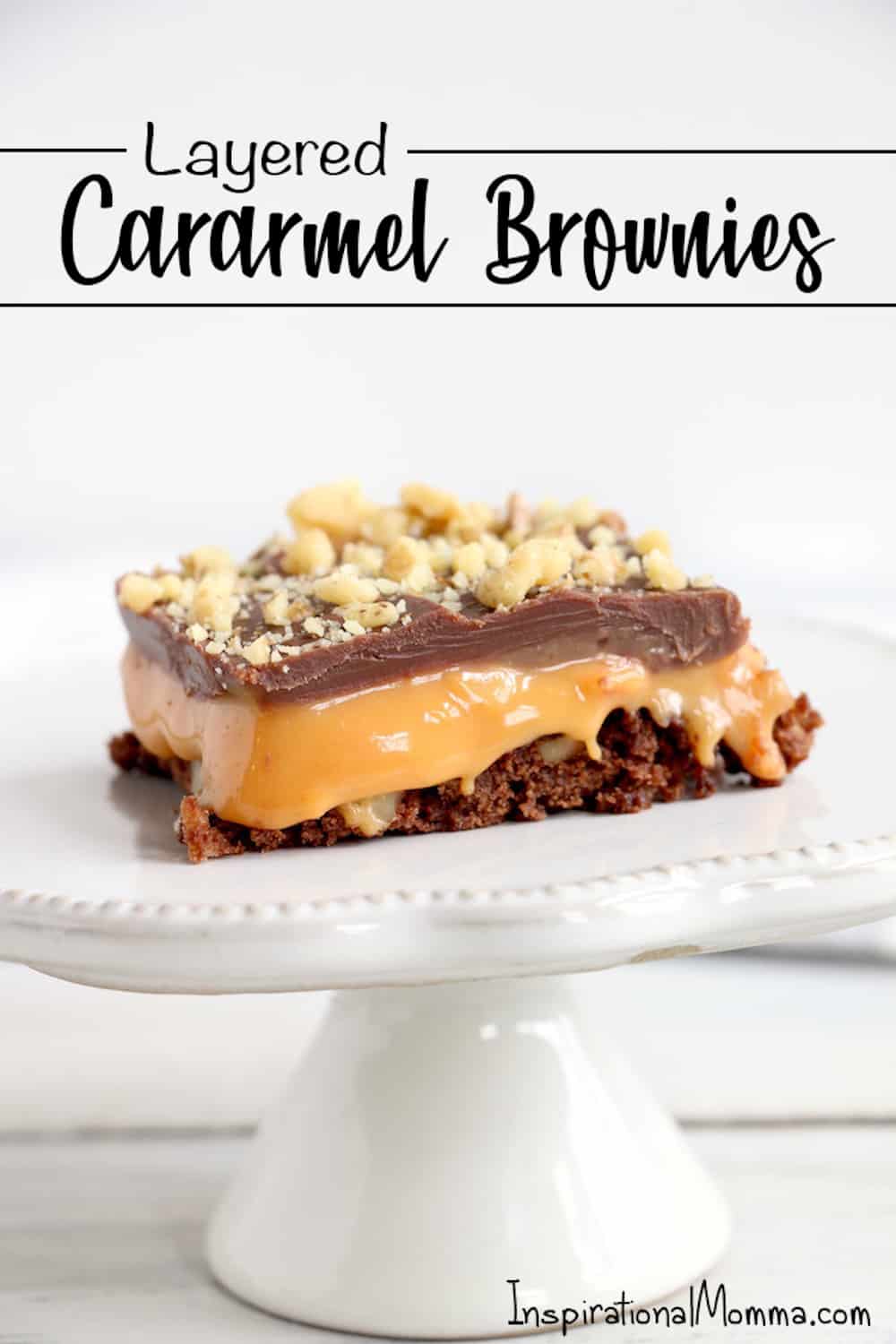 These Layered Caramel Brownies have it all. A chewy brownie crust and a gooey caramel middle, all finished off with a milk chocolatey top! #inspirationalmomma #caramelbrownies #layered #dessert #desserts #recipe #caramel #chocolate #brownies