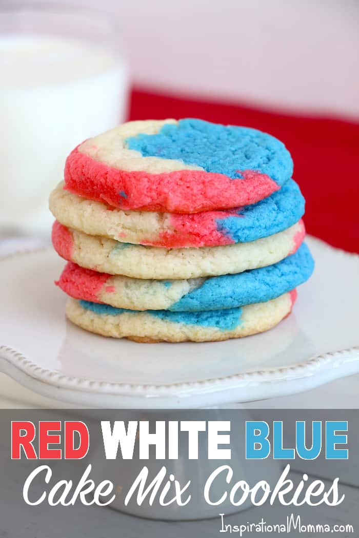 With only three ingredients, Red White and Blue Cake Mix Cookies are an easy way to show your American pride. These cookies are soft, chewy, and delicious! #inspirationalmomma #redwhiteblue #cakemixcookies #cakebattercookies #cookies #dessert #desserts #recipe #patriotic #American #MemorialDay #4thofJuly