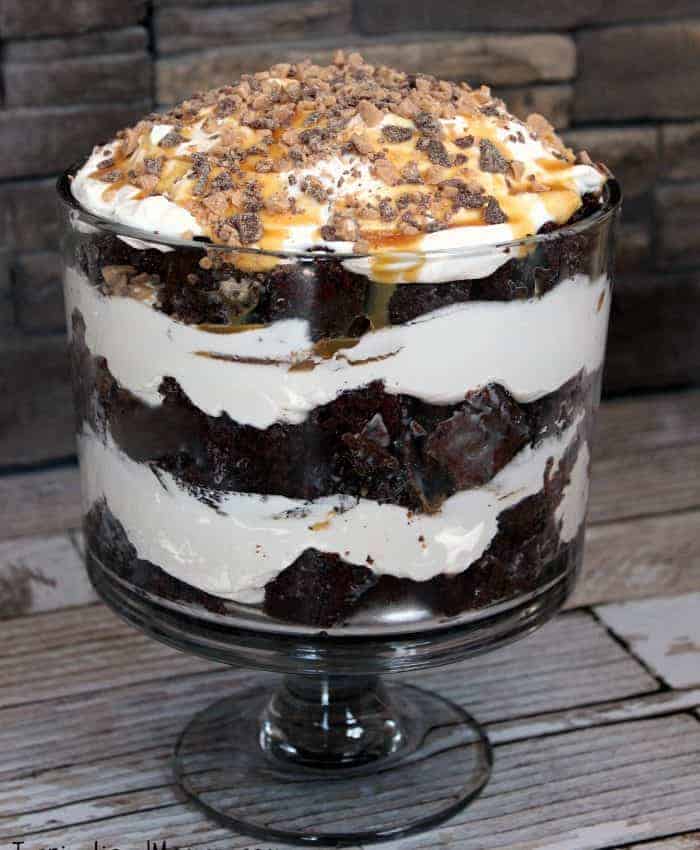 This Scoop of Heaven Trifle has rich Devil's Food cake, smooth whipped cream, sweet caramel, and crunchy toffee...the perfect dessert! Need I say more? #inspirationalmomma #trifle #chocolate #caramel #betterthansexcake #cake #dessert #desserts #heath #recipe