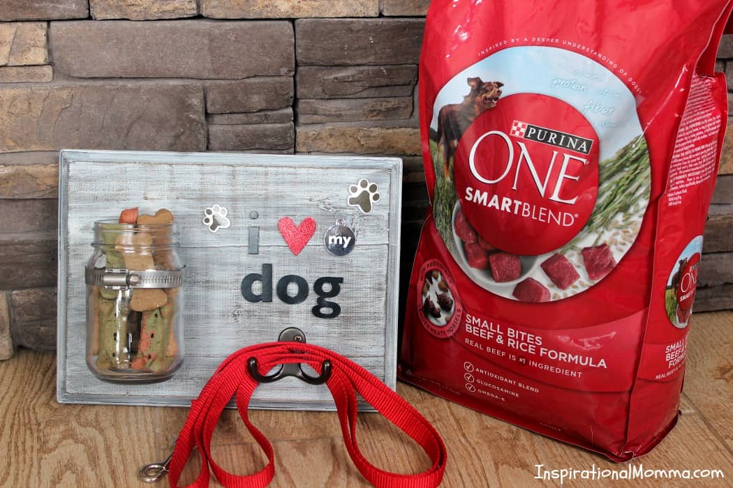 This DIY Dog Treat & Leash Station conveniently stores treats and a leash while adding a personal touch to a dog-lover's decor!