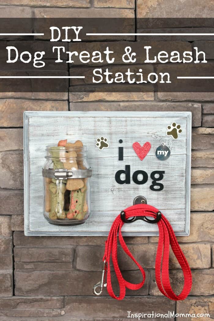 This DIY Dog Treat & Leash Station conveniently stores treats and a leash while adding a personal touch to a dog-lover's decor!