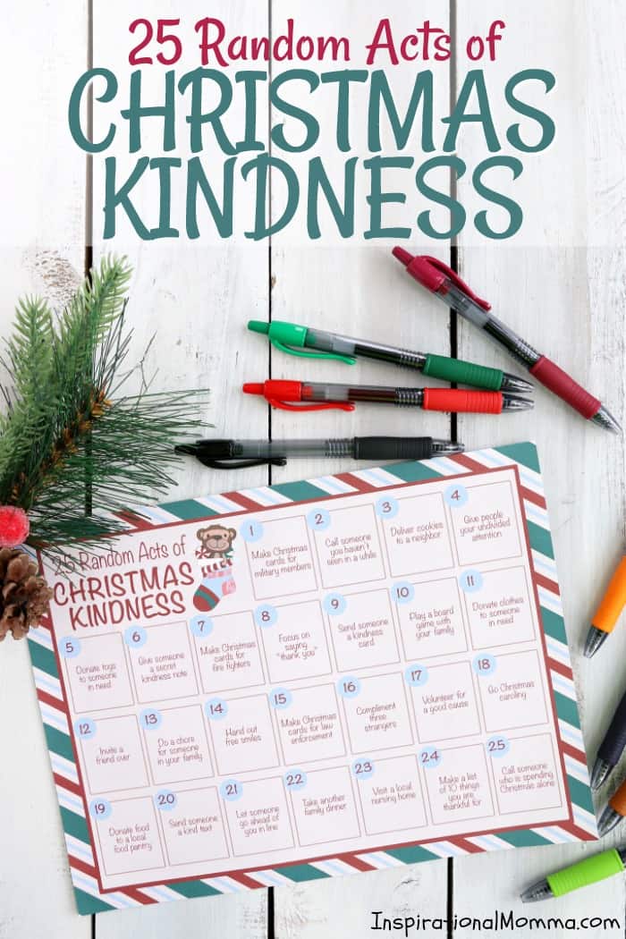 25 Random Acts of Christmas Kindness Calendar Printable - A free printable to help promote kindness this holiday season. Commit to one act of kindness each day, spreading love all around you! #InspirationalMomma #Kindness #FreePrintable #ChristmasCalendar #RandomActsOfKindness #Christmas #PrintableCalendar