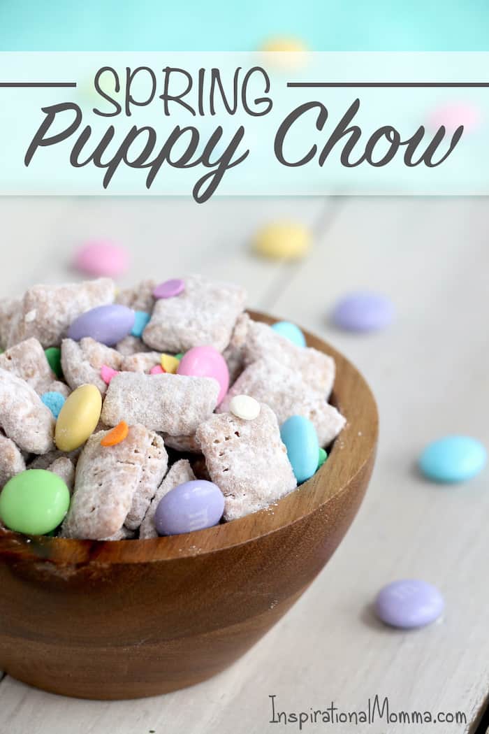 This Spring Puppy Chow Recipe is finger-food at its finest! Chex cereal covered in chocolate, peanut butter, and powdered sugar is a delicious combination! #inspirationalmomma #puppychowrecipe #puppychow #spring #easter #dessert #desserts #chex #peanutbutter #chocolate