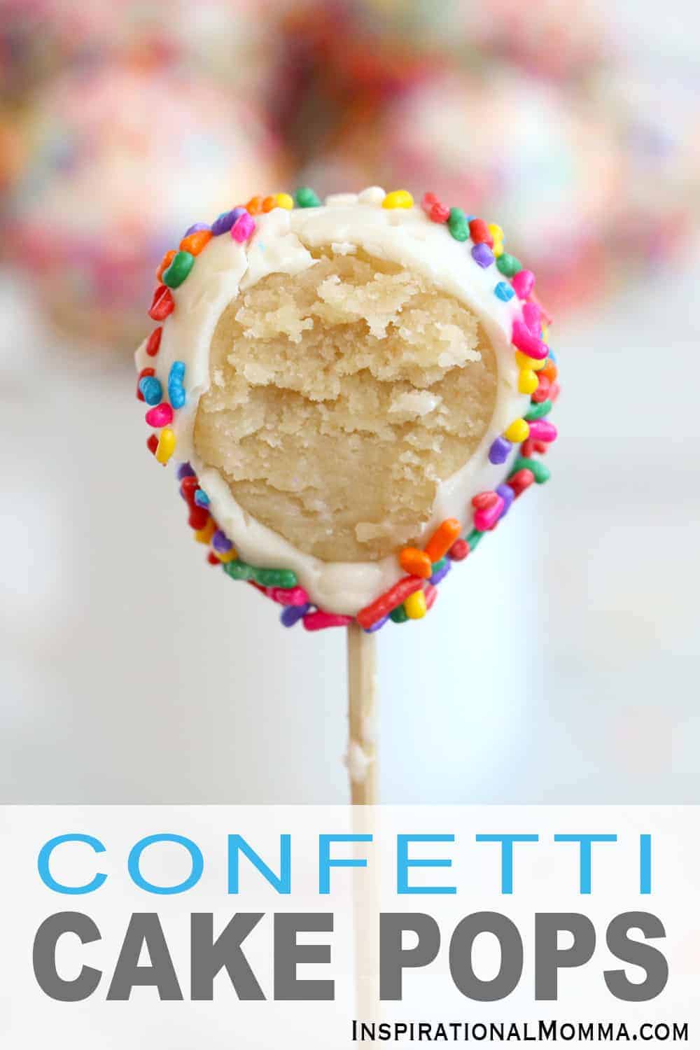 Make every day a celebration with this quick, easy-to-make Confetti Cake Pop Recipe!  Kids of all ages will love to make these sweet, delicious treats! #inspirationalmomma #cakepops #recipe #recipes #dessert #desserts #cakepoprecipe #confetti