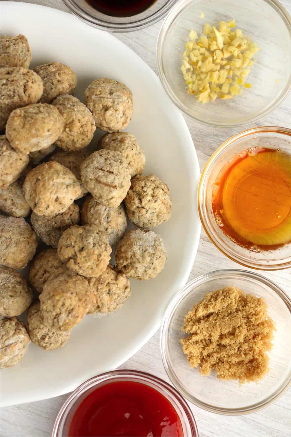 Ingredients for honey garlic meatballs.