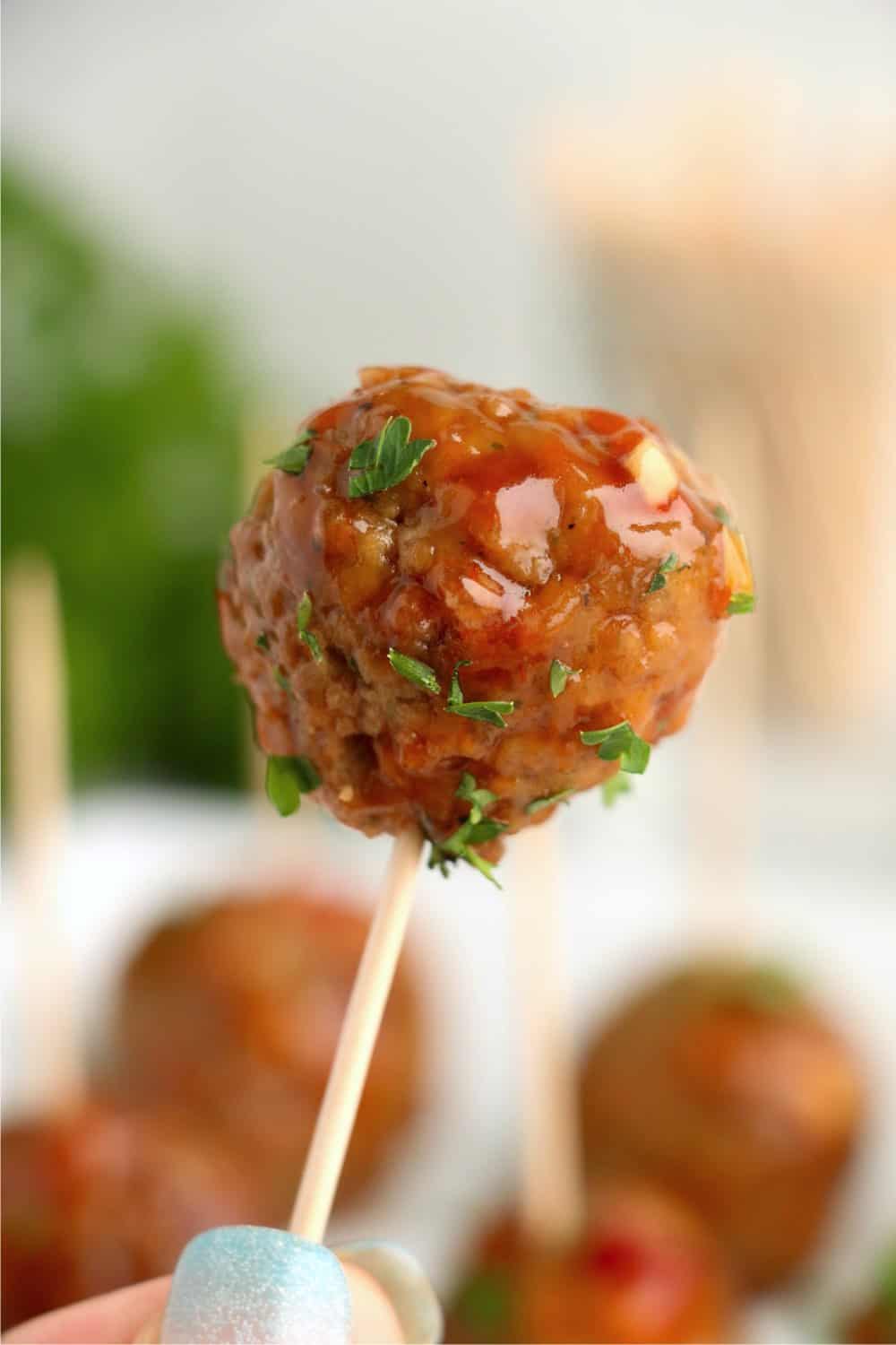 Crock Pot Honey Garlic Meatball on a stick, ready to eat