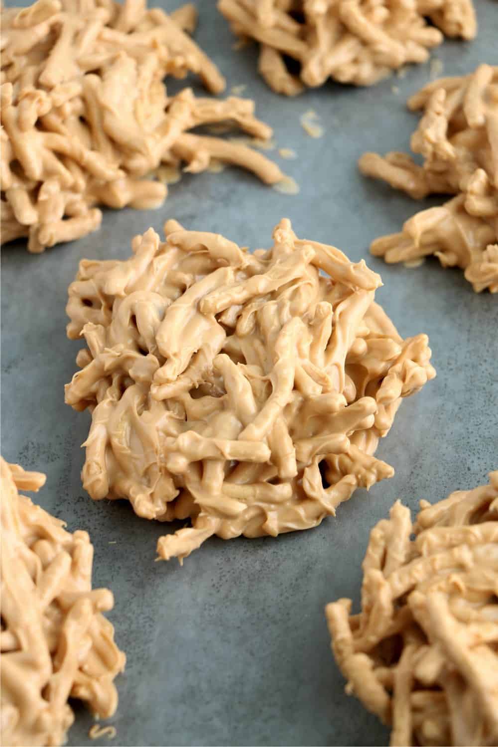 Butterscotch bird nests scooped onto a baking sheet