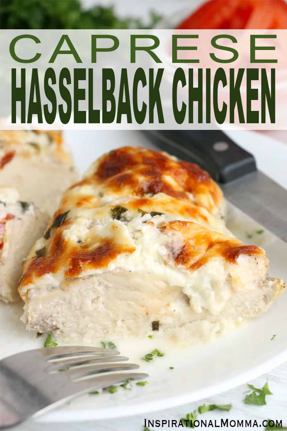 This Caprese Hasselback Chicken Recipe brings a ton of flavor with just 6 ingredients. Baked and keto-friendly, it is a perfect dinner choice! #inspirationalmomma #capresehasselbackchicken #hasselbackchicken #keto #ketorecipes #cheese #6ingredients #capresechicken #chickenrecipe #recipe