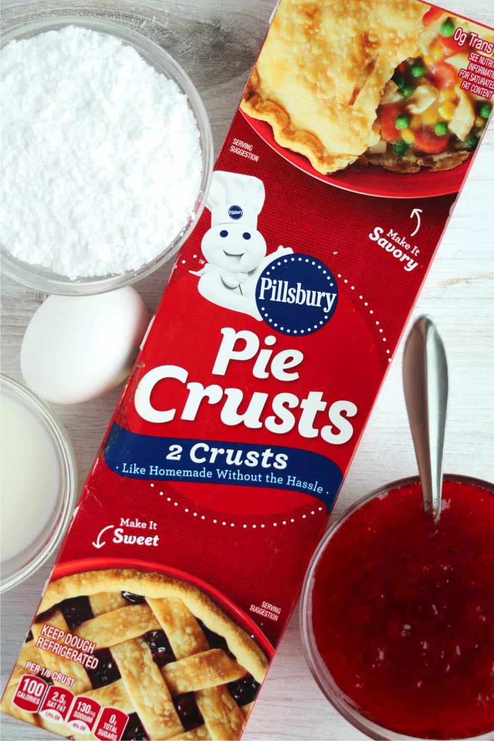Ingredients including powdered sugar and pie crusts