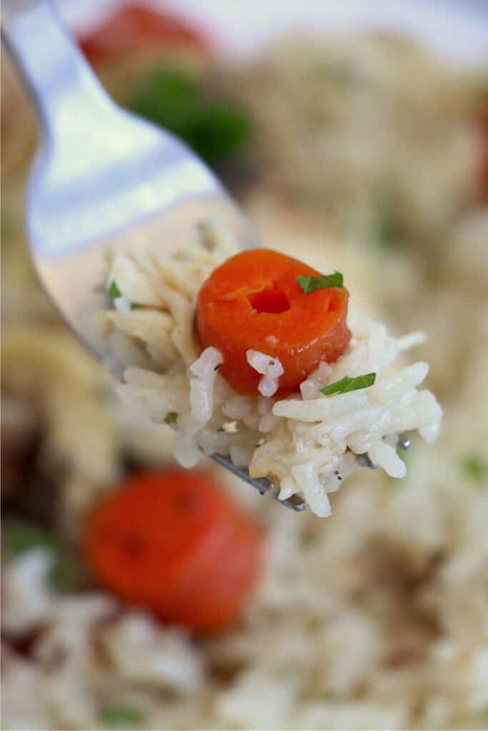 A close-up photo of a fork with a bite of rice and one chopped carrot on it