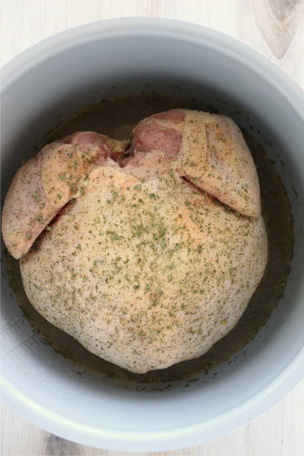 Seasoned raw chicken in a Ninja Foodi pot