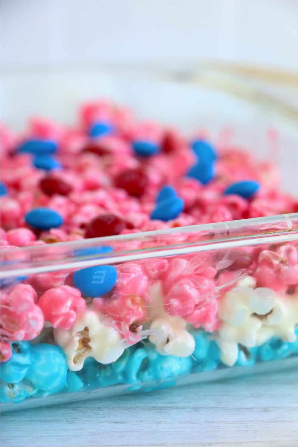 Close-up shot of the different layers in popcorn marshmallow cake