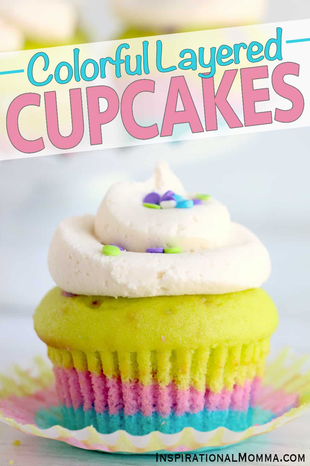 Colorful Layered Cupcakes are a fun and simple dessert to make. These bright cupcakes are bound to liven up your day. #inspirationalmomma #colorfullayeredcupcakes #desserts #cupcakes #layeredcupcakes #cupcakerecipes #dessertrecipes