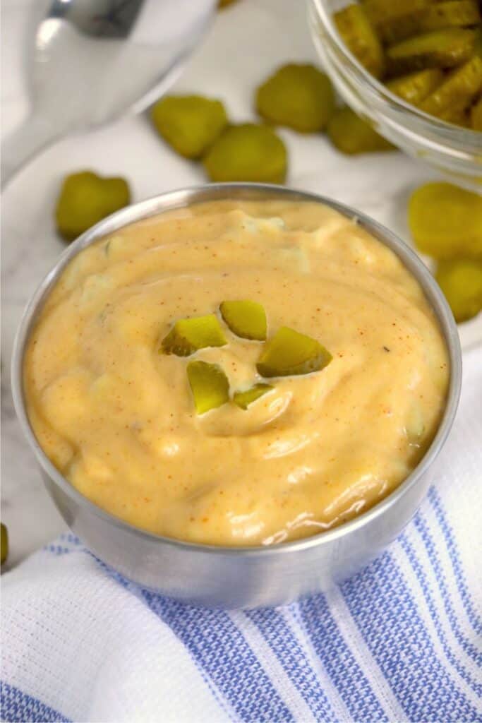 Closeup shot of small bowlful of Big Mac sauce.