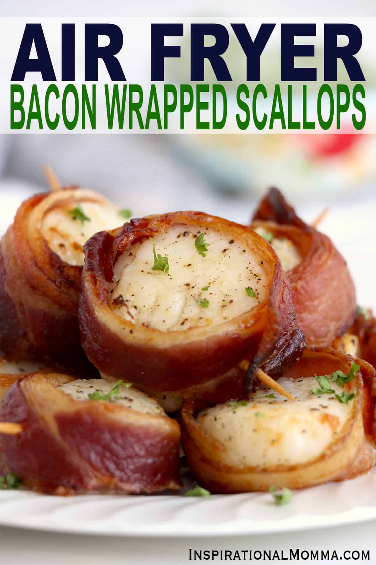 Closeup shot of air fryer bacon wrapped scallops on plate
