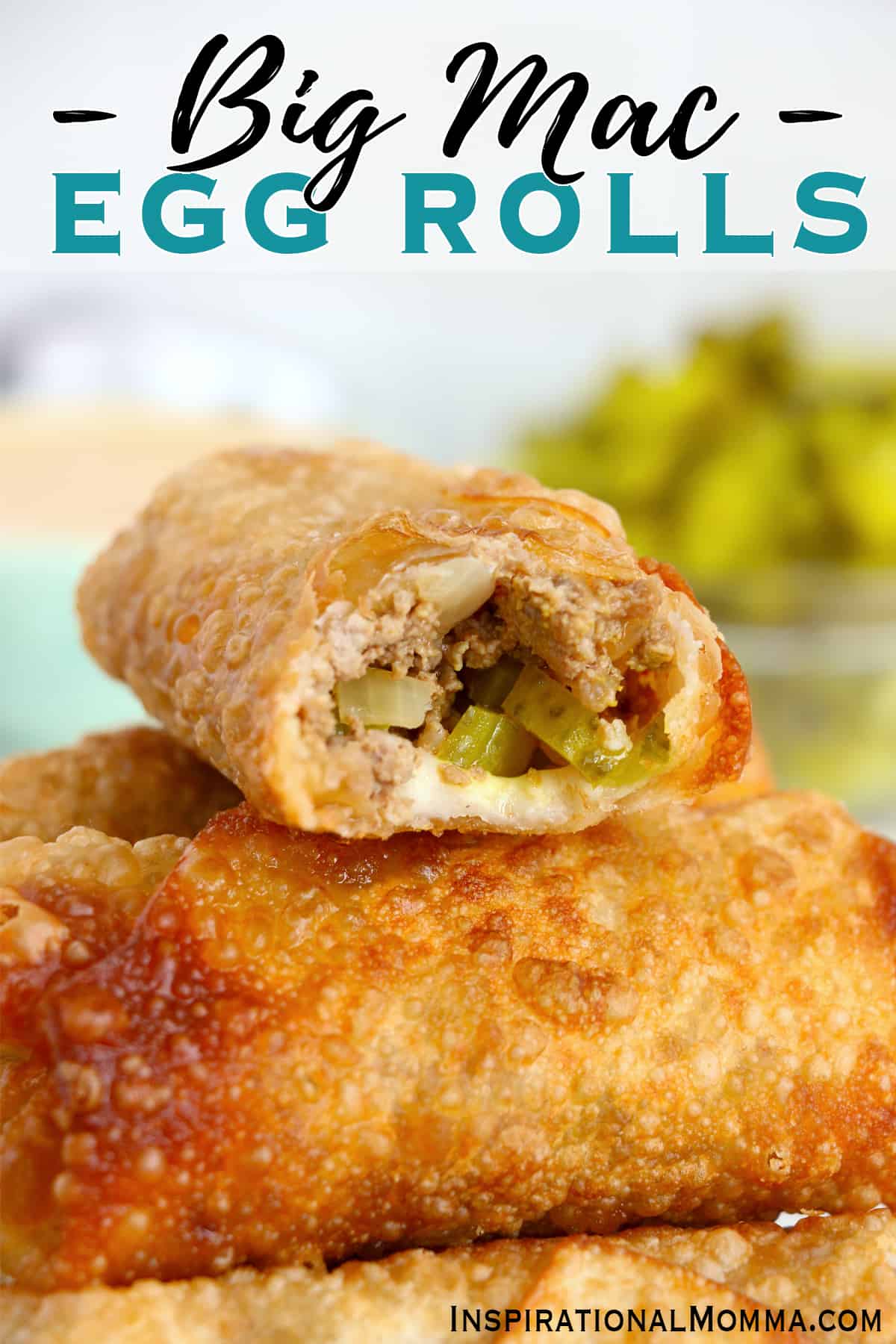 Stack of Big Mac egg rolls with bite taken out of top egg roll