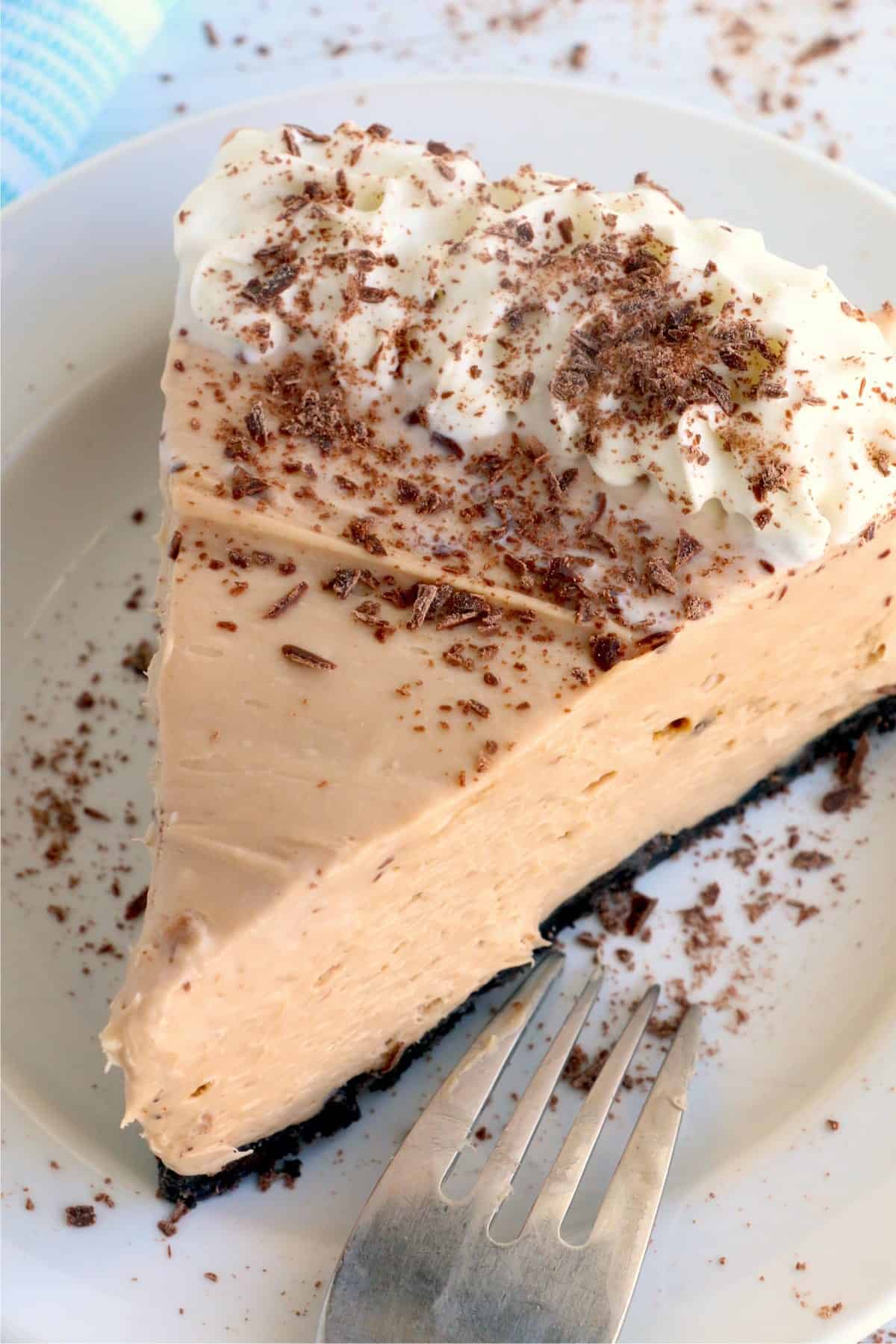 Closeup shot of slice of Kahlua chocolate cheesecake on plate