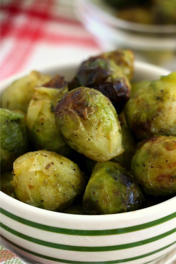 Closeup shot of air fryer frozen brussel sprouts in bowl