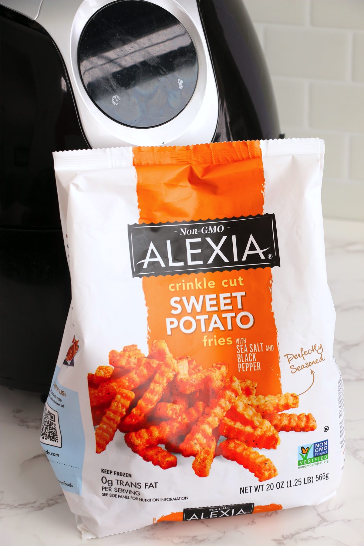 Bag of Alexia sweet potato fries on counter.