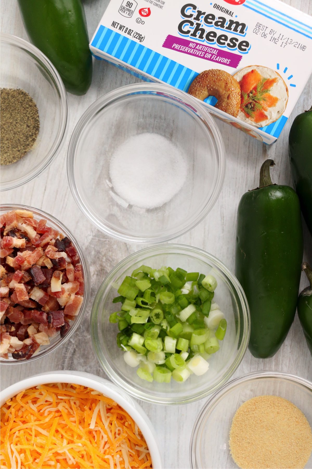 Overhead shot of ingredients in individual bowls