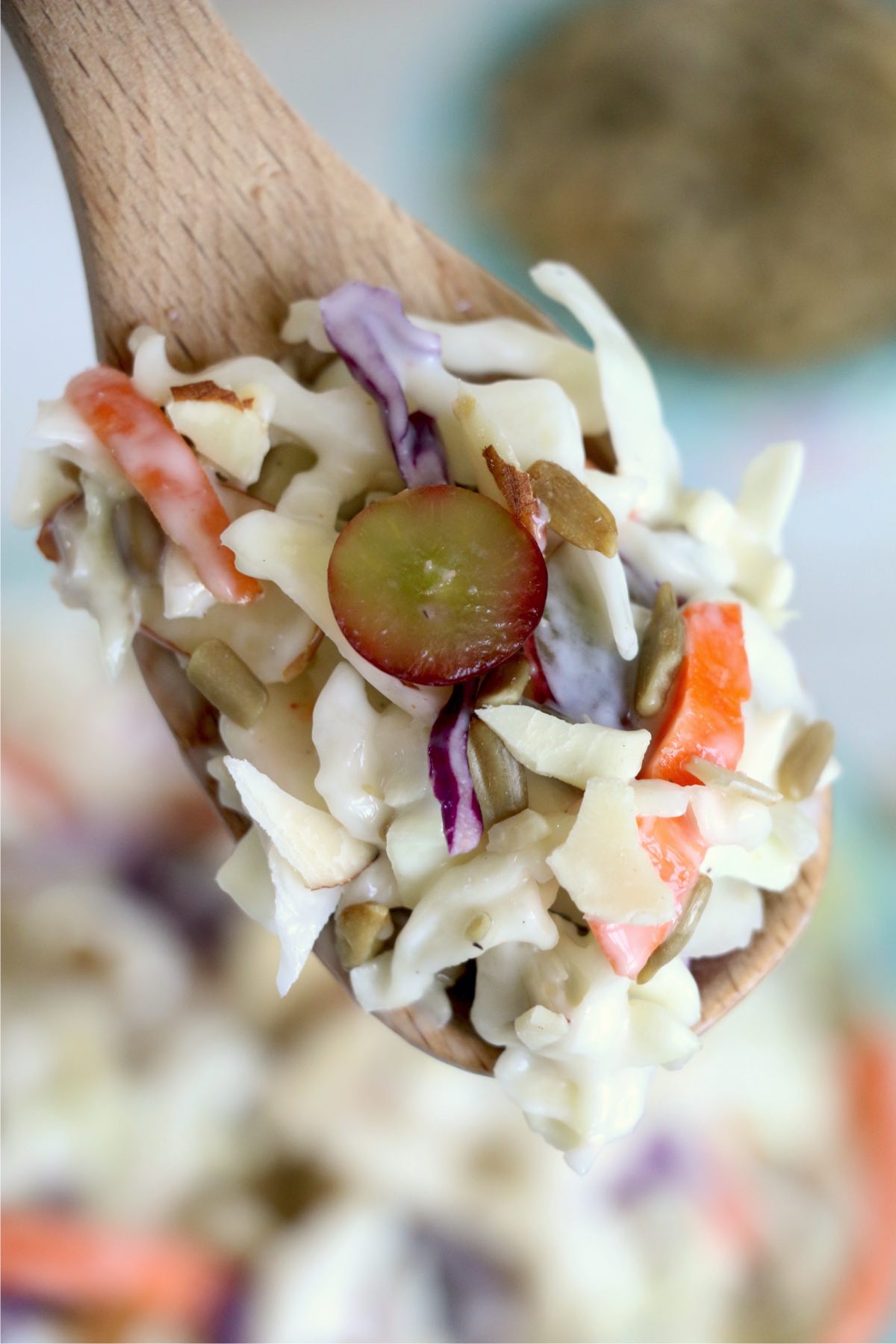 Closeup shot of spoonful of homestyle coleslaw