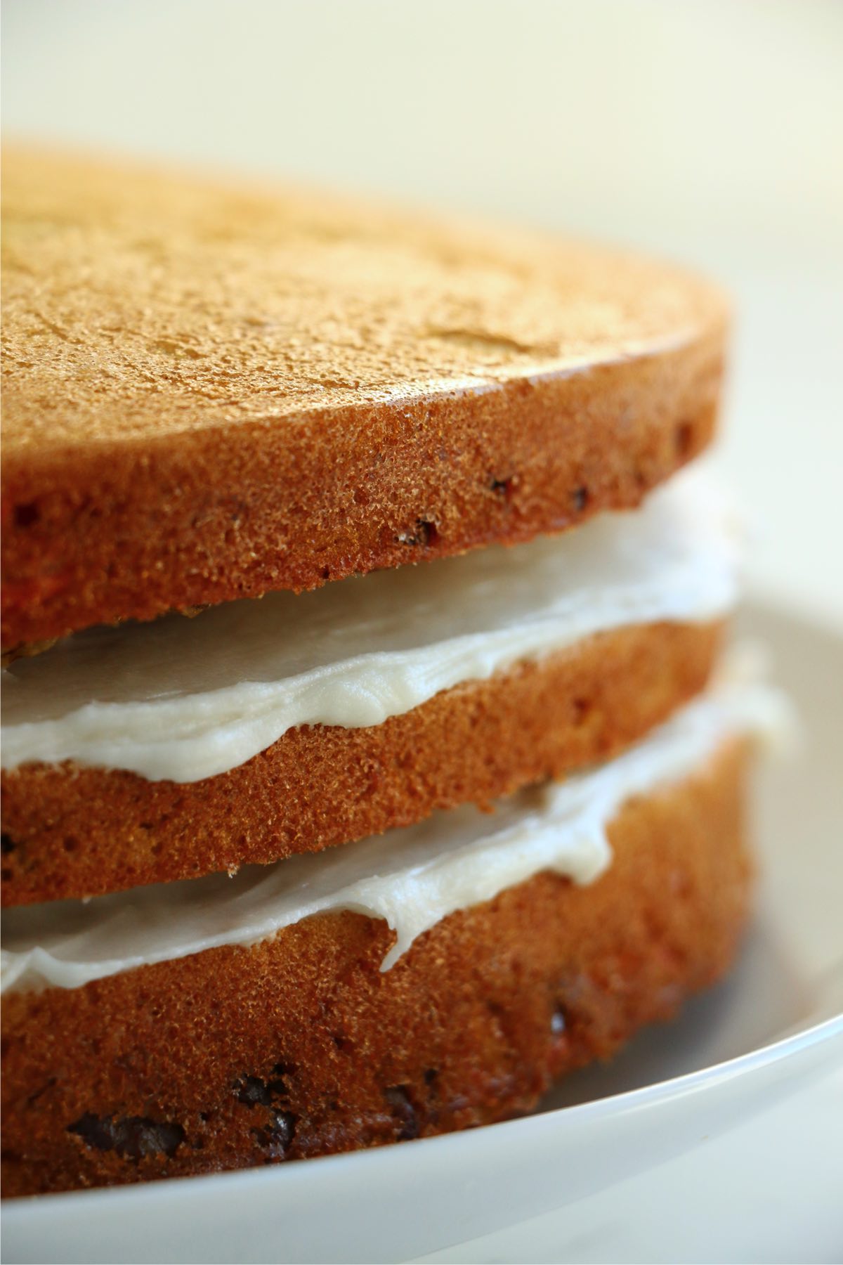 Closeup shot of three layers of naked carrot cake with cream cheese frosting between each layer