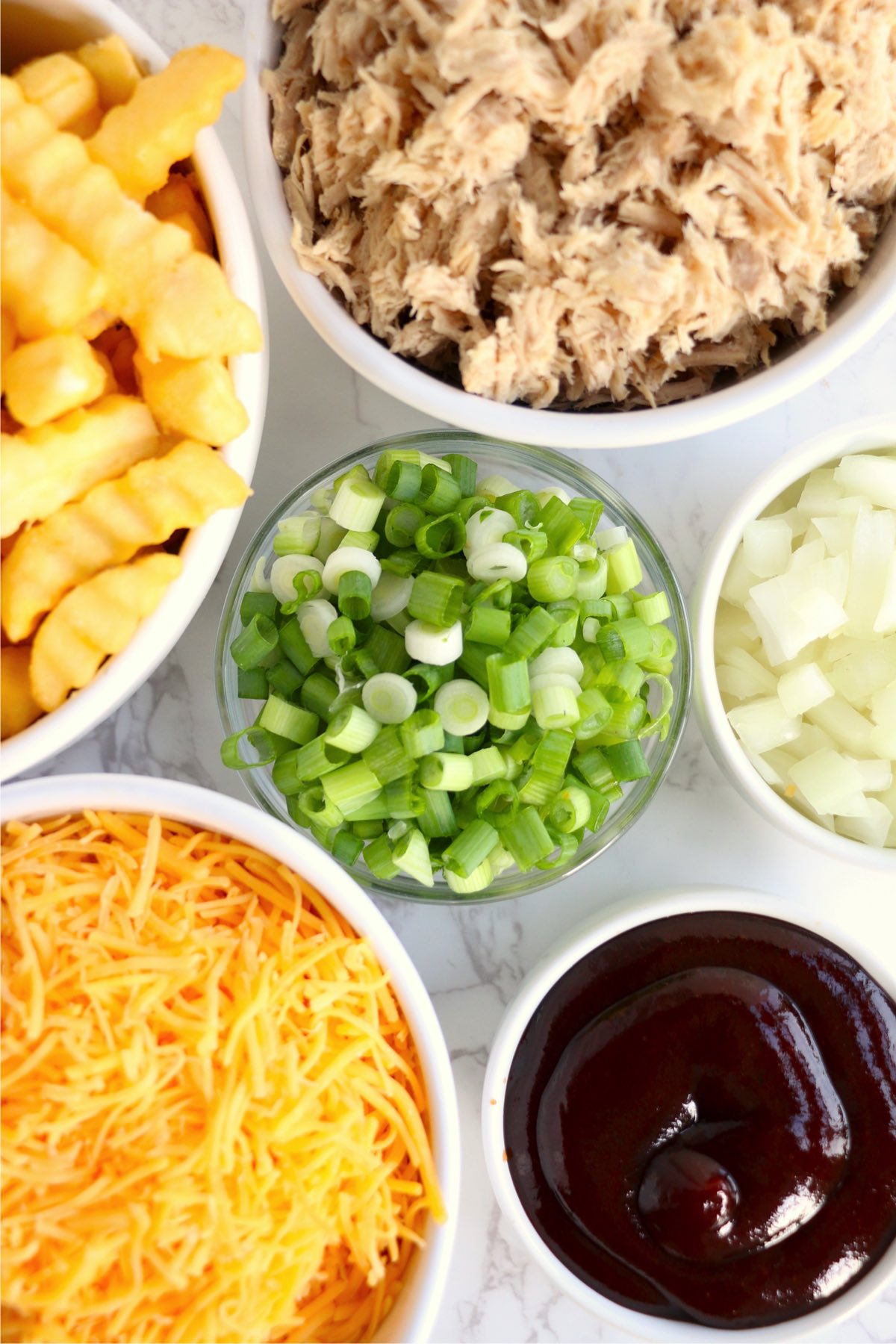 Overhead shot of ingredients in individual bowls