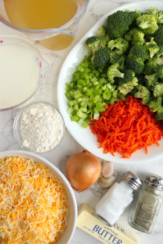 Overhead shot of soup ingredients in bowls