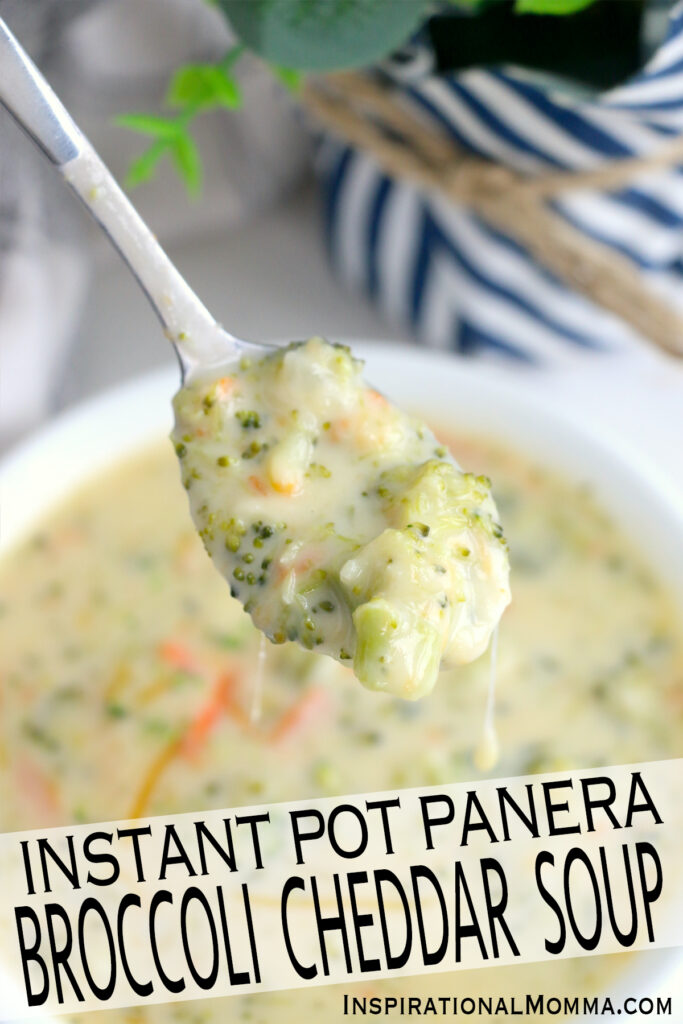 Closeup shot of spoonful of instant pot broccoli cheddar soup over bowl of more soup