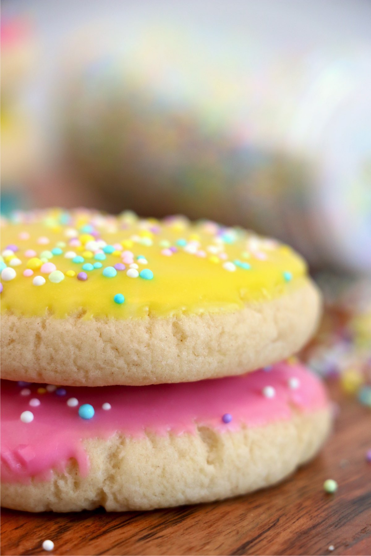 Closeup shot of two Easter sugar cookies stacked atop one another. 