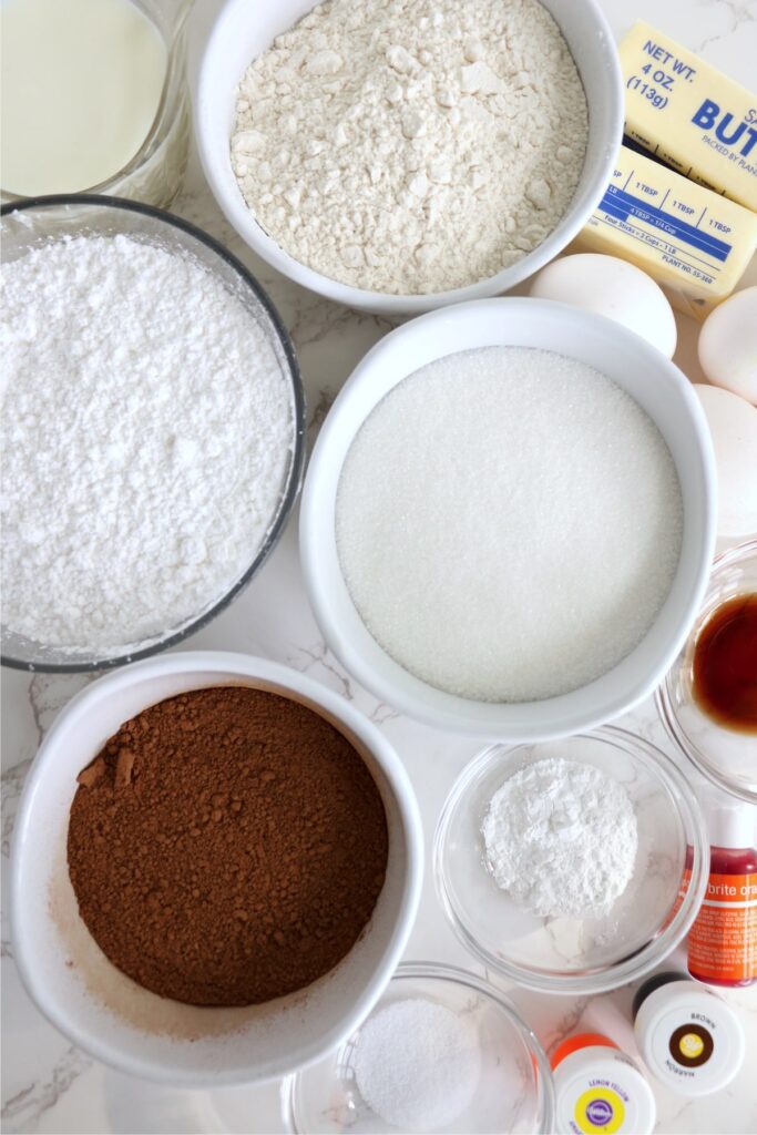 Overhead shot of ingredients in individual bowls