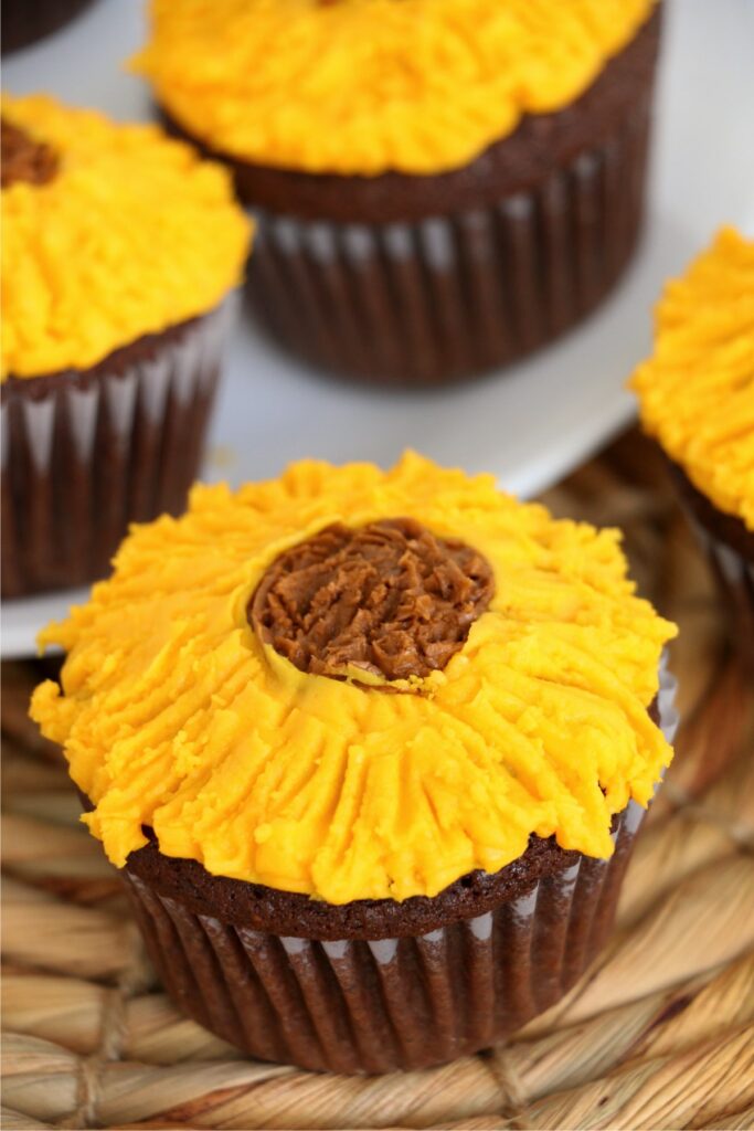 Closeup shot of chocolate sunflower cupcake