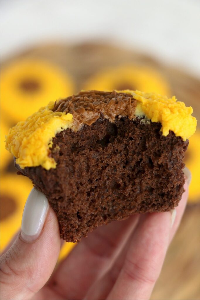  Closeup shot of chocolate sunflower cupcake with bite taken out.