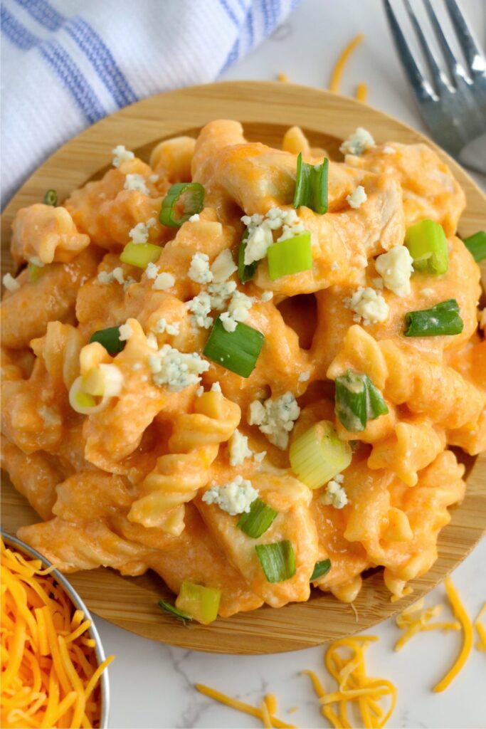 Closeup overhead shot of instant pot buffalo chicken pasta