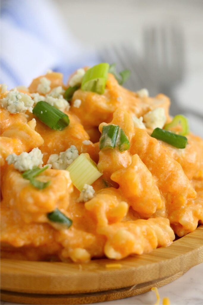 Closeup shot of instant pot buffalo chicken pasta in bowl