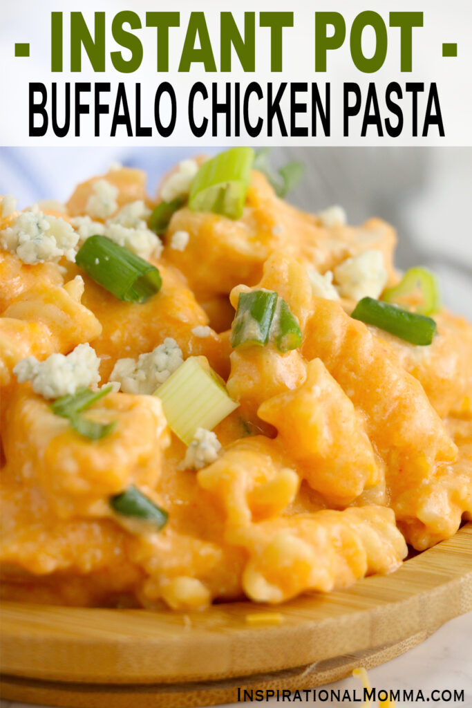 Closeup shot of instant pot Buffalo chicken pasta on plate