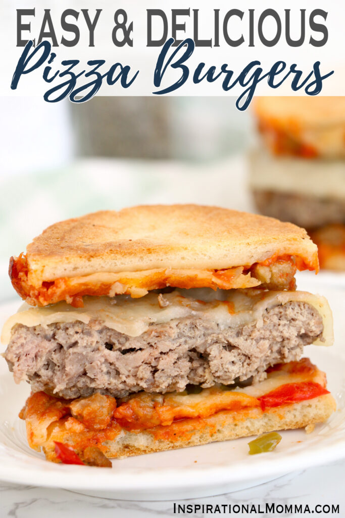 Closeup shot of frozen pizza burger cut in half on plate