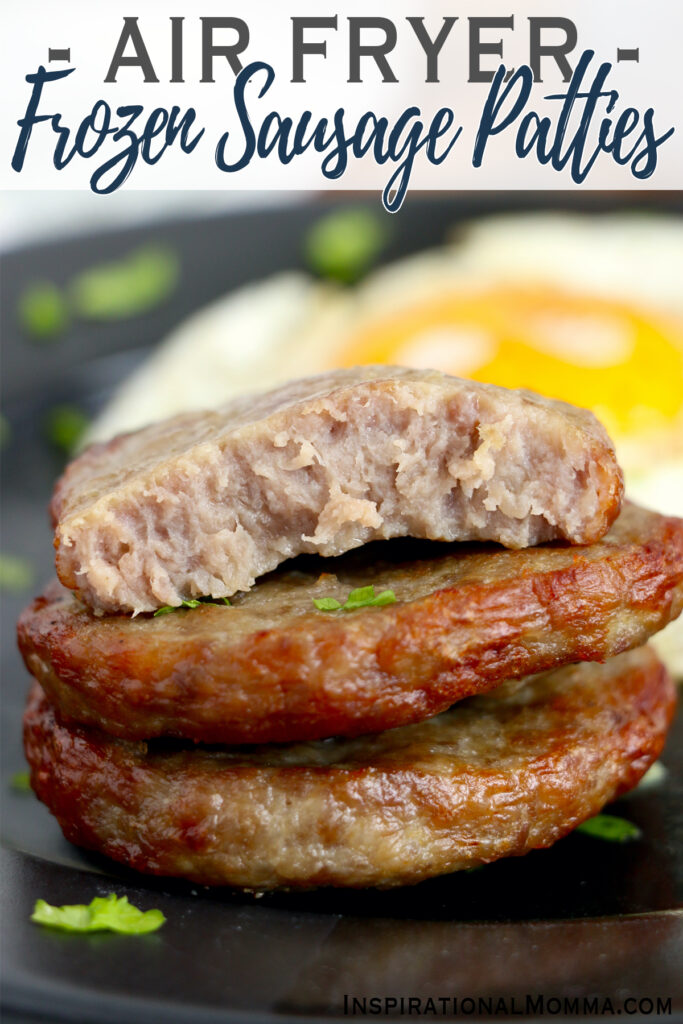 Closeup shot of air fryer frozen sausage patties stacked atop one another with bite taken out of top patty